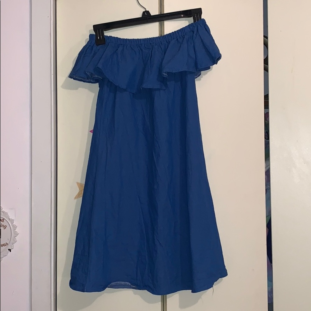 Blue denim off the shoulder dress